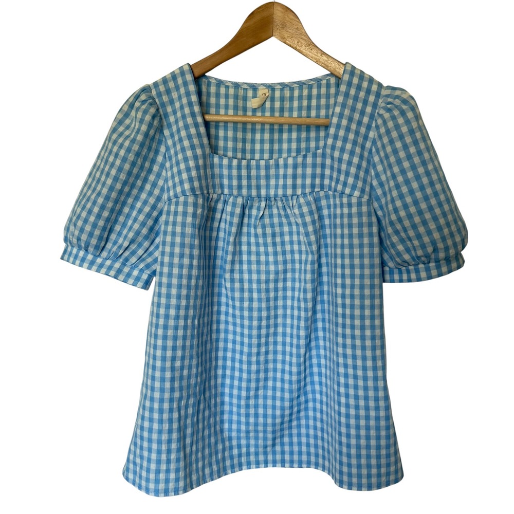Evaless Blouse Women Small Blue Gingham Excellent Puff Sleeve Square Neck Top